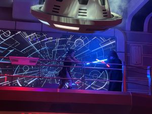 Rey and Kylo Ren battling aboard the Star Wars Galactic Star Cruiser